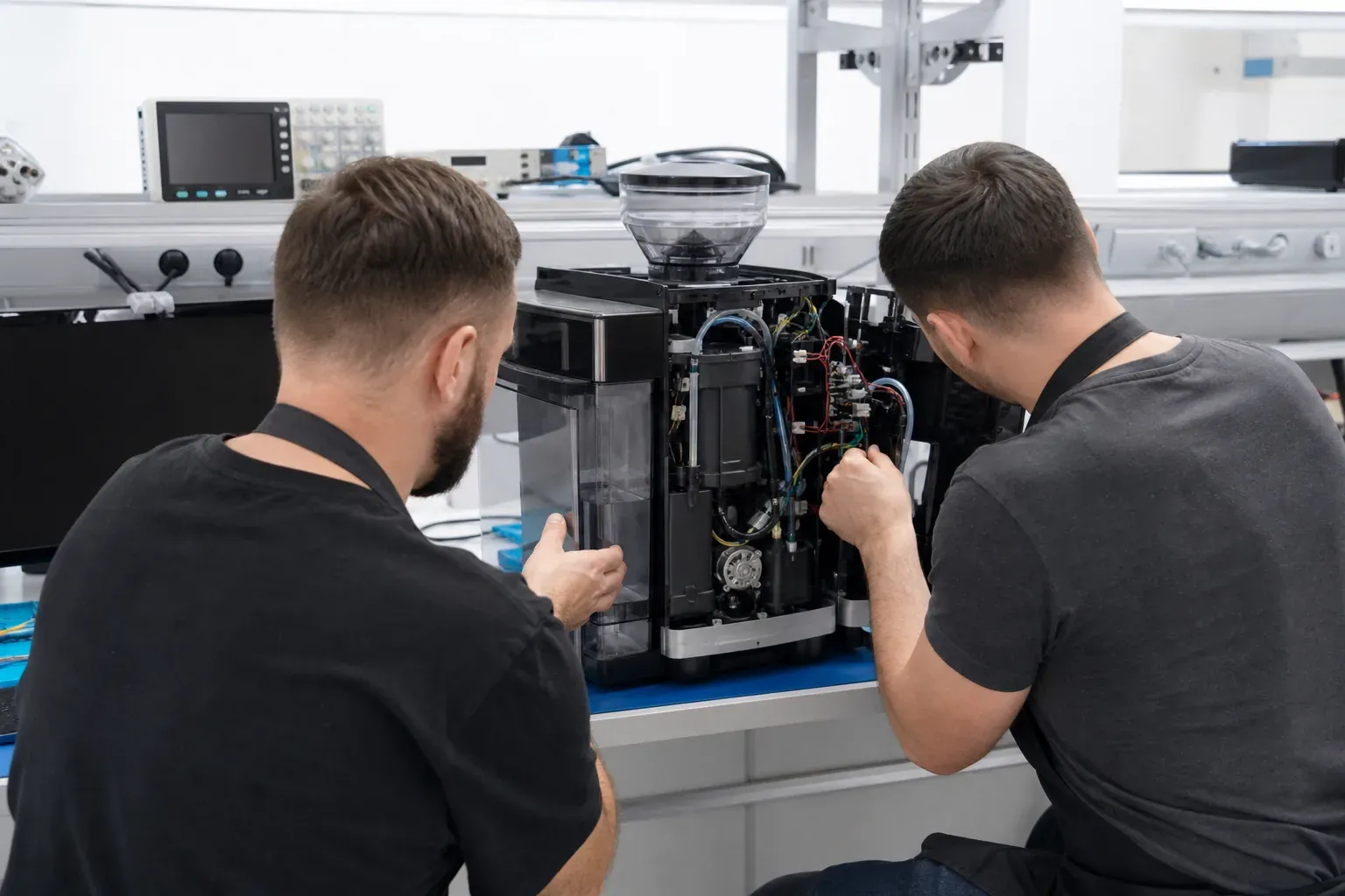 Dos técnicos del taller abriendo juntos una unidad de cafetera superautomática en el banco compartido
