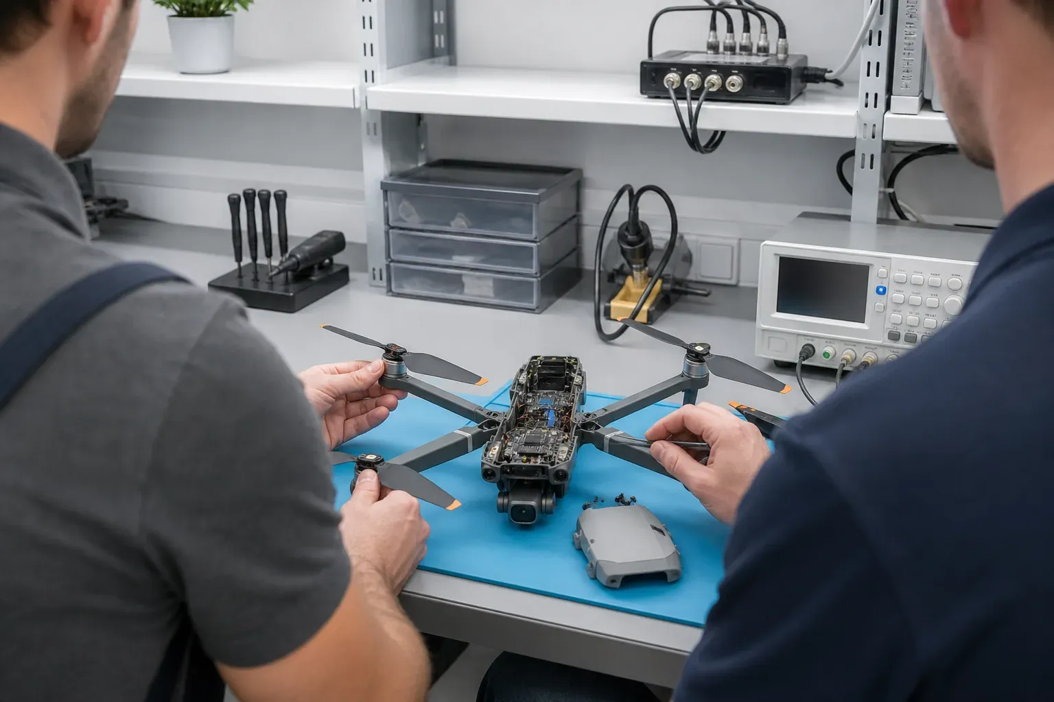 Dos técnicos del taller abriendo juntos una unidad de dron en el banco compartido