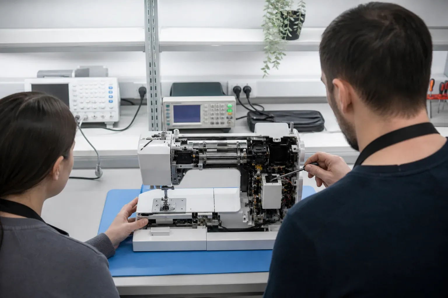 Dos técnicos del taller abriendo juntos una unidad de máquina de coser en el banco compartido