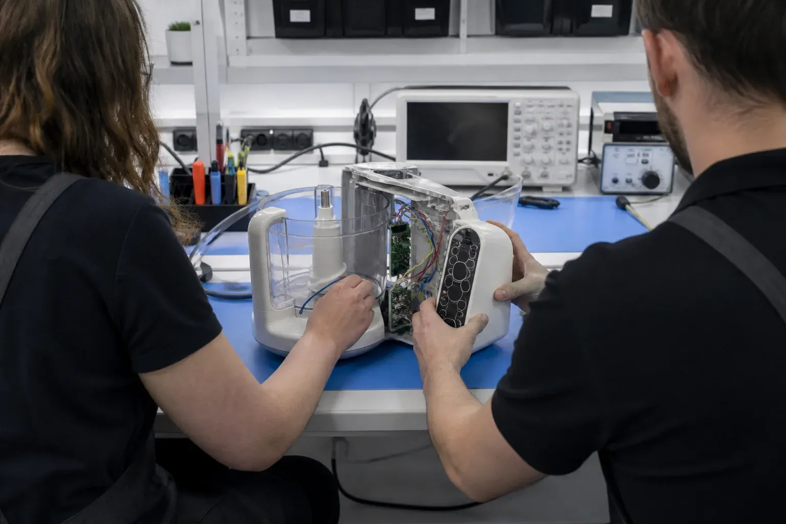 Dos técnicos del taller abriendo juntos una unidad de robot de cocina en el banco compartido