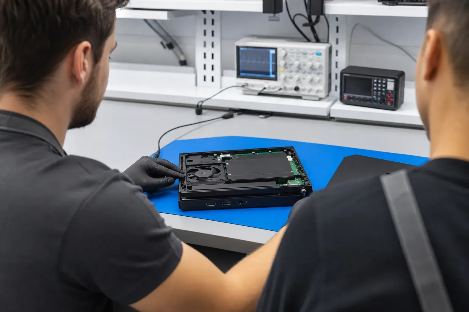 Dos técnicos del taller abriendo juntos una unidad de videoconsola en el banco compartido