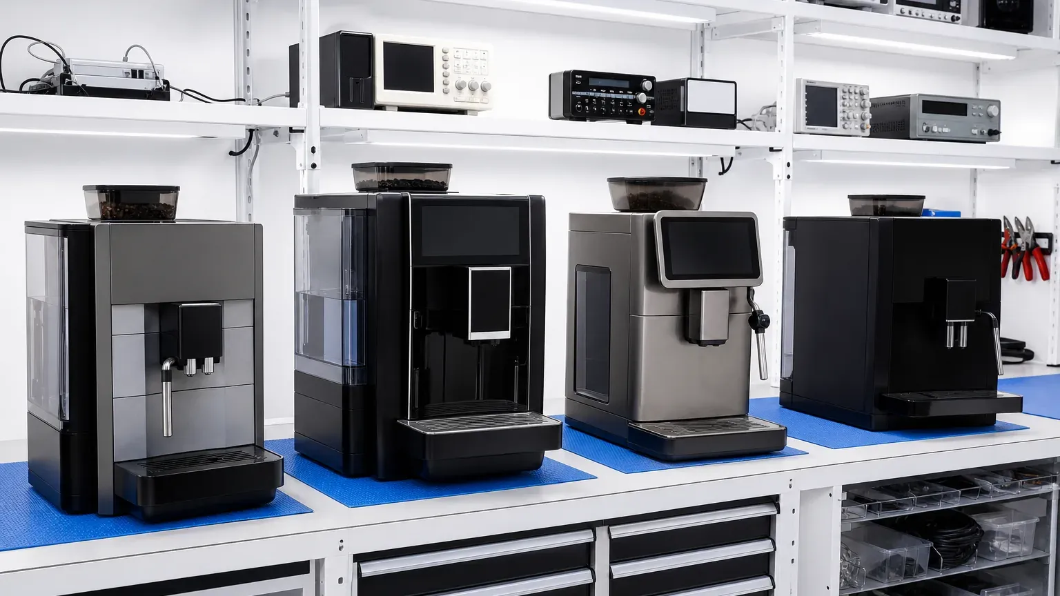 Estantería del taller con cuatro unidades de cafetera superautomática de distintas marcas, sin rótulos ni logotipos visibles