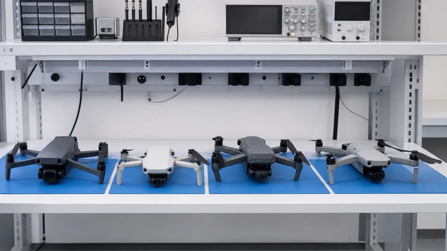 Estantería del taller con cuatro unidades de dron de distintas marcas, sin rótulos ni logotipos visibles