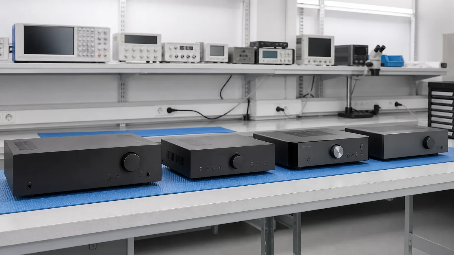 Estantería del taller con cuatro unidades de HI-FI y amplificador de distintas marcas, sin rótulos ni logotipos visibles