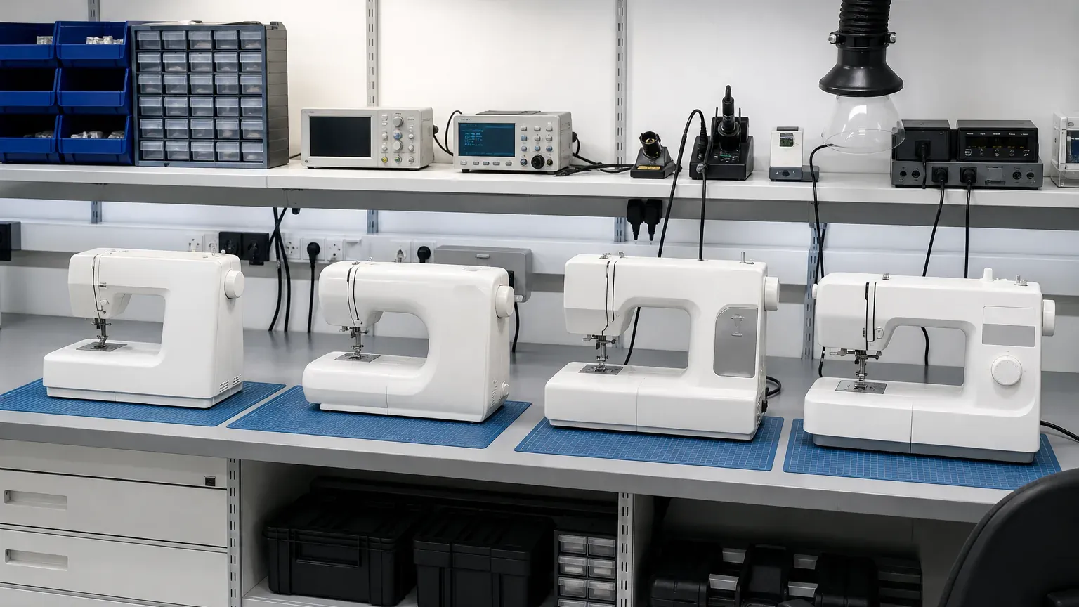 Estantería del taller con cuatro unidades de máquina de coser de distintas marcas, sin rótulos ni logotipos visibles