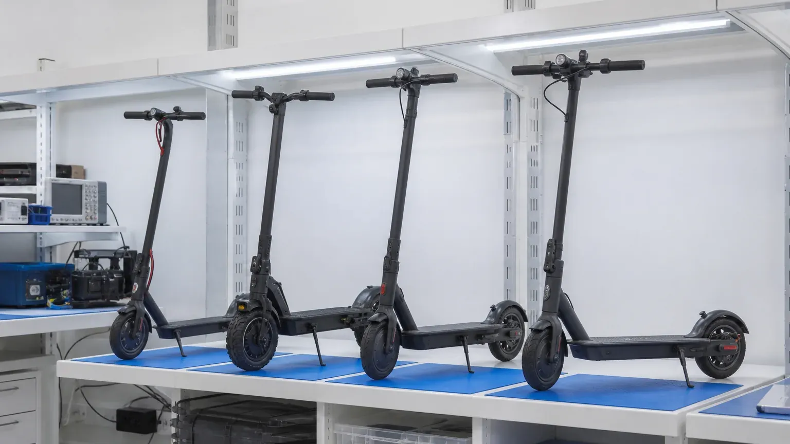 Estantería del taller con cuatro unidades de patinete eléctrico de distintas marcas, sin rótulos ni logotipos visibles