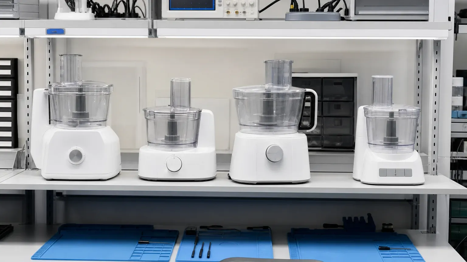 Estantería del taller con cuatro unidades de robot de cocina de distintas marcas, sin rótulos ni logotipos visibles