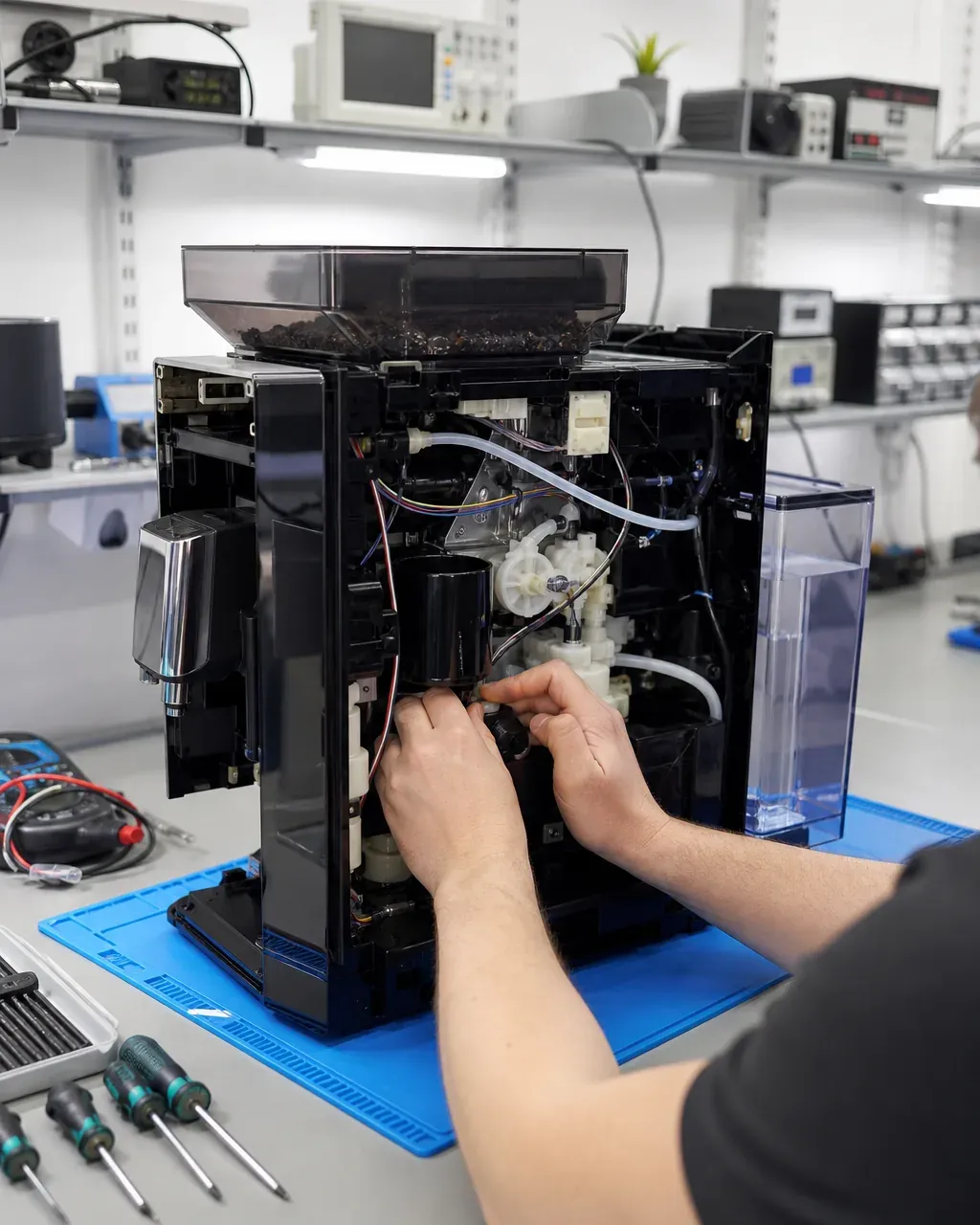 Técnico del taller comprobando el interior de una unidad de cafetera superautomática con la carcasa abierta sobre el banco
