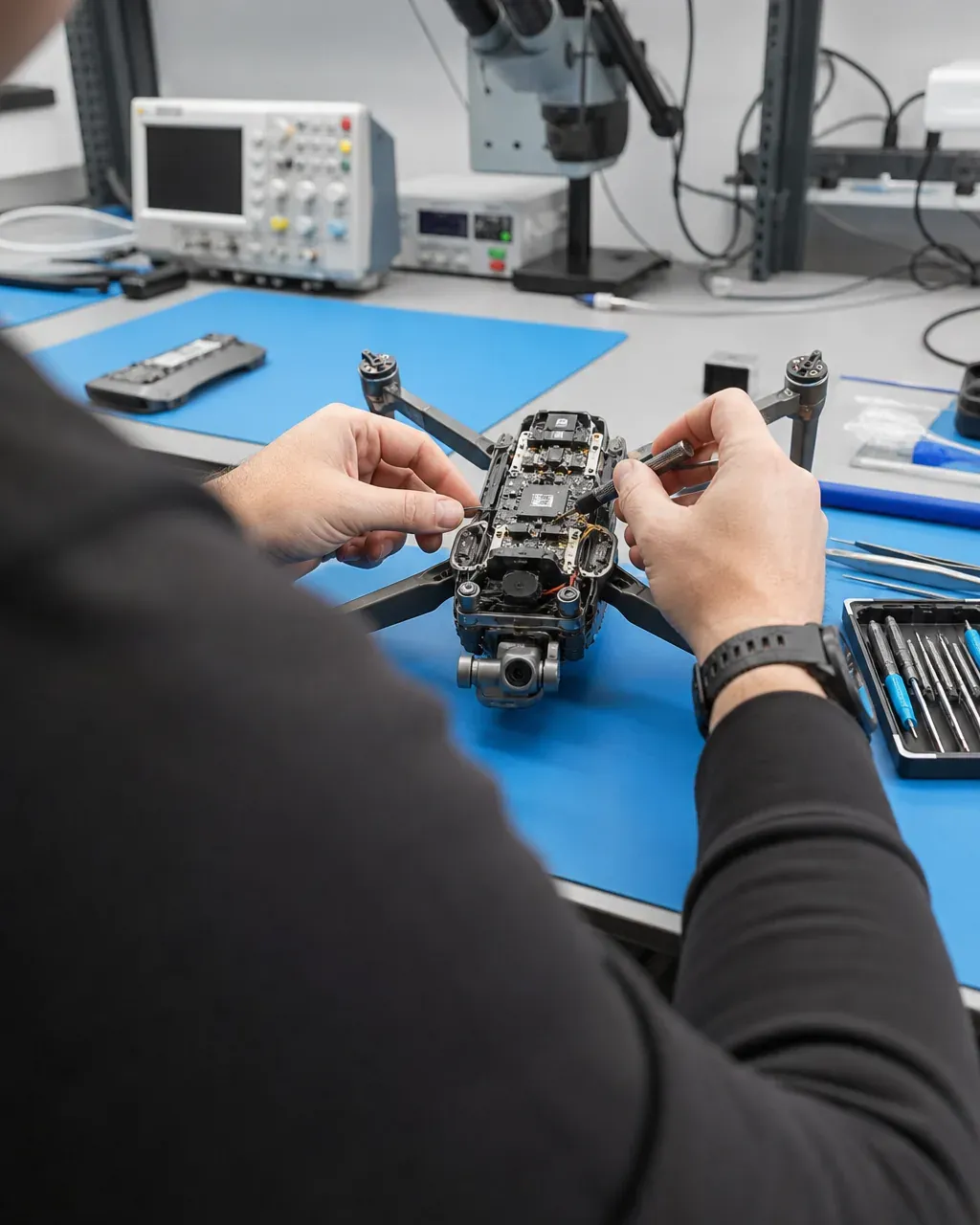 Técnico del taller comprobando el interior de una unidad de dron con la carcasa abierta sobre el banco
