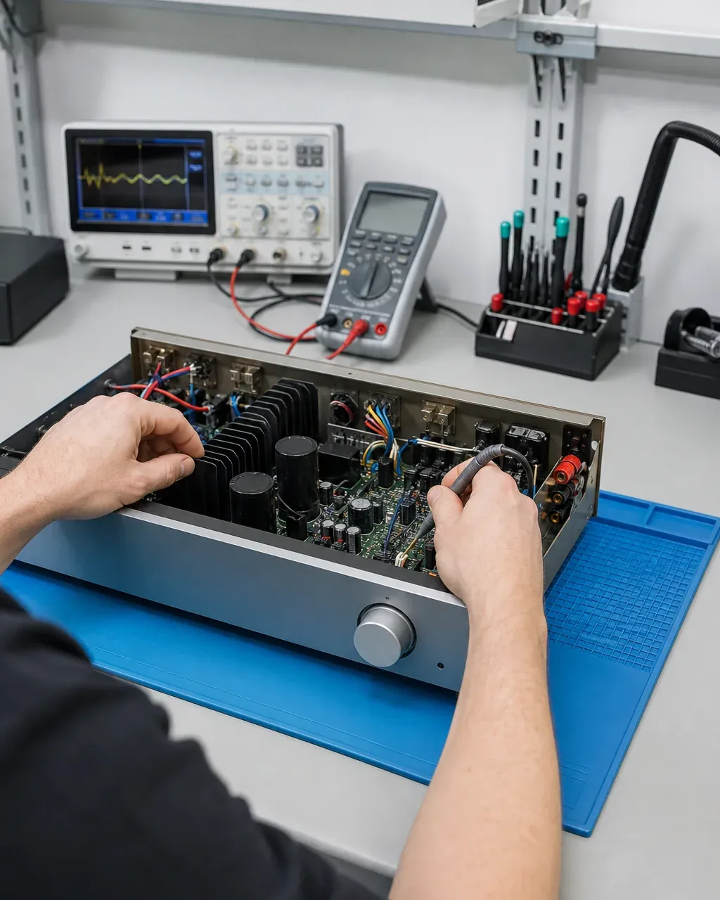 Técnico del taller comprobando el interior de una unidad de HI-FI y amplificador con la carcasa abierta sobre el banco