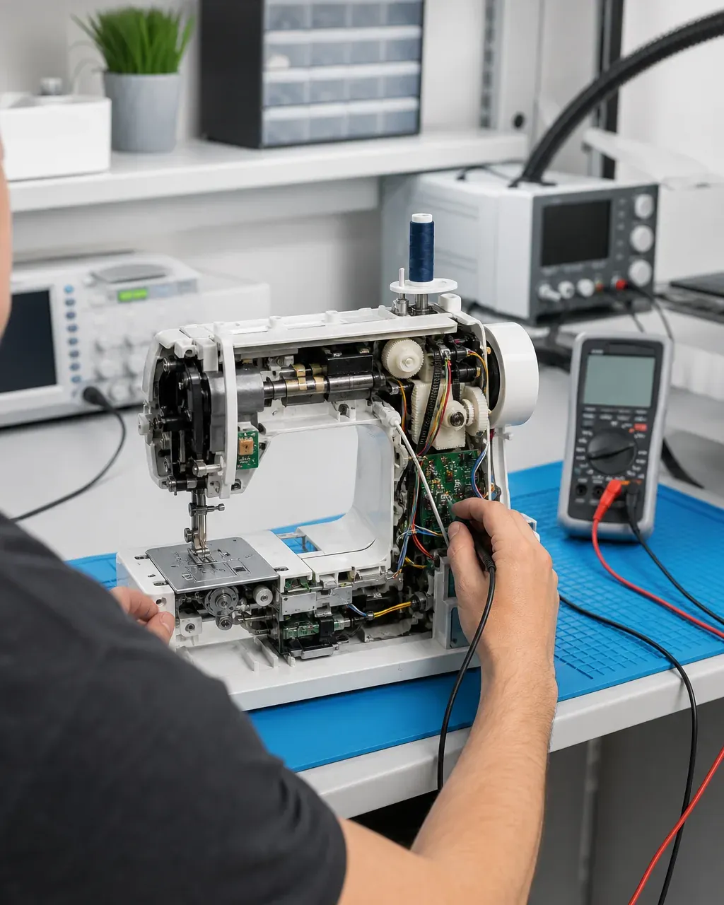 Técnico del taller comprobando el interior de una unidad de máquina de coser con la carcasa abierta sobre el banco