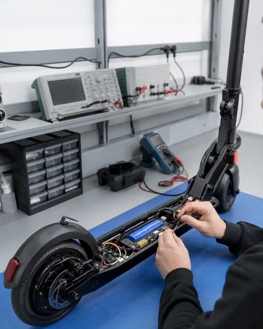 Técnico del taller comprobando el interior de una unidad de patinete eléctrico con la carcasa abierta sobre el banco