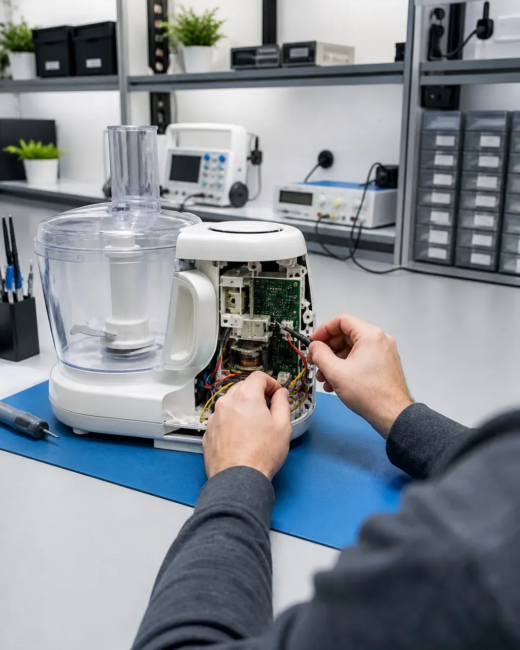 Técnico del taller comprobando el interior de una unidad de robot de cocina con la carcasa abierta sobre el banco