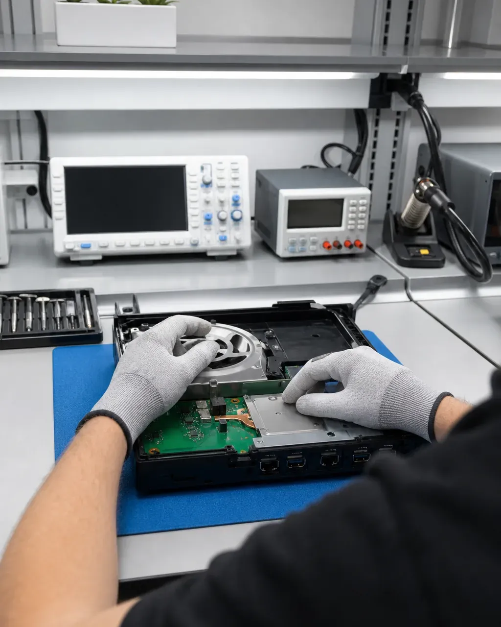 Técnico del taller comprobando el interior de una unidad de videoconsola con la carcasa abierta sobre el banco